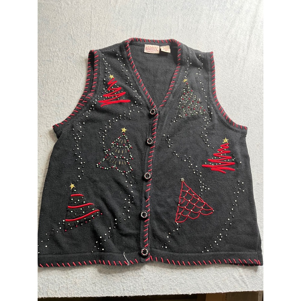 Basic Editions Holiday Womens 1X‎ Black Christmas Tree Vest Sweater Beaded